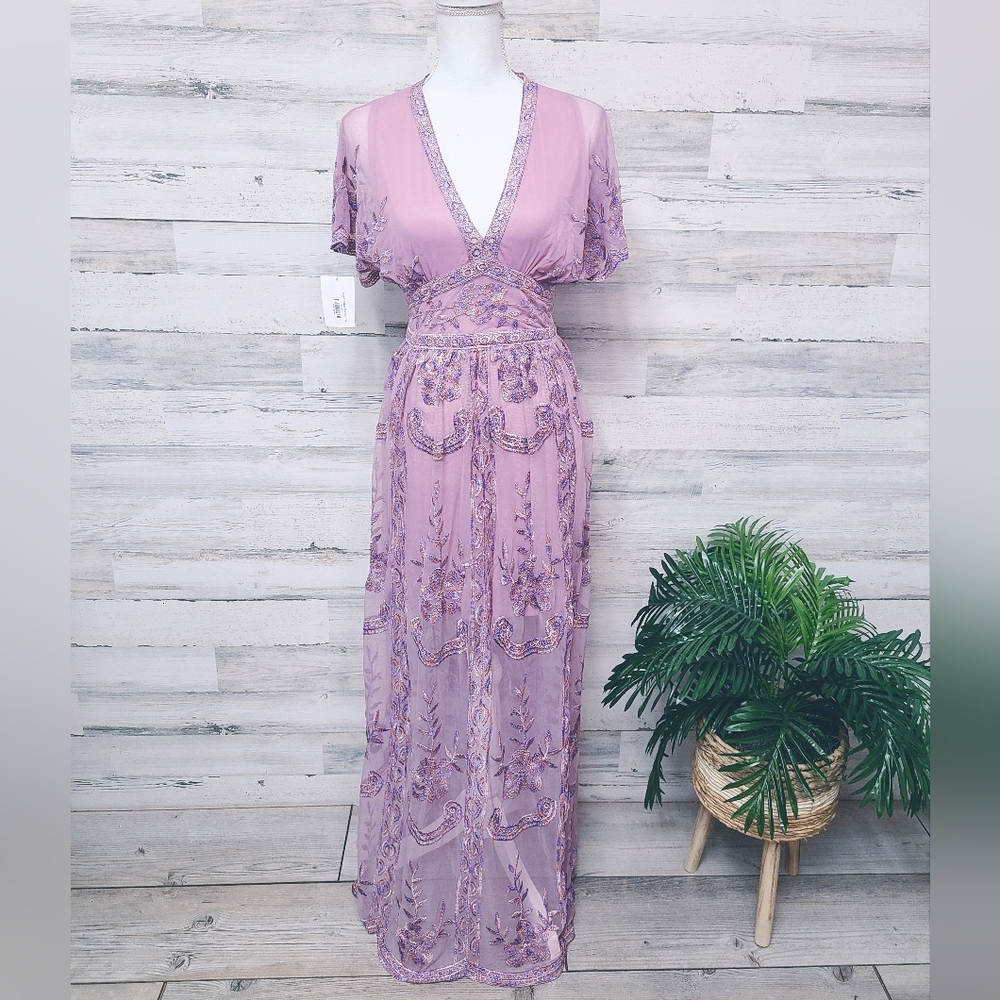 Altard State Mariska Muave Metallic Embroidered Maxi Dress